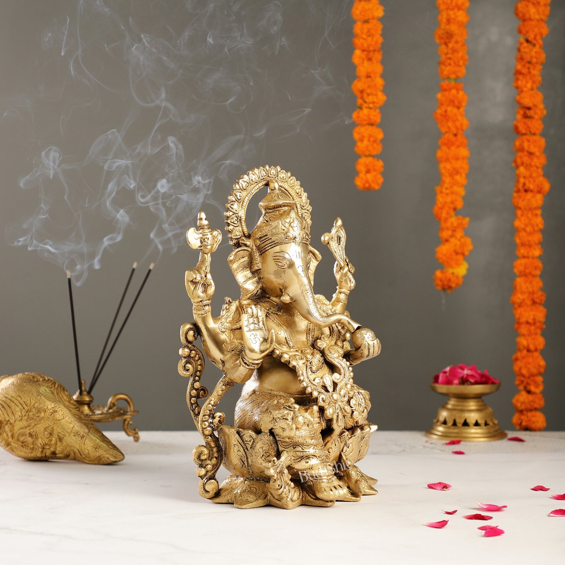 Ganesha on a lotus base large brass idol 12 inches