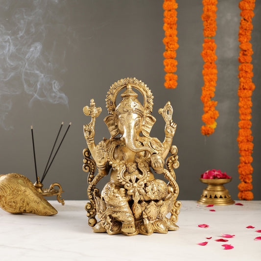 Ganesha on a lotus base large brass idol 12 inches