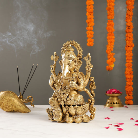 Ganesha on a lotus base large brass idol 12 inches