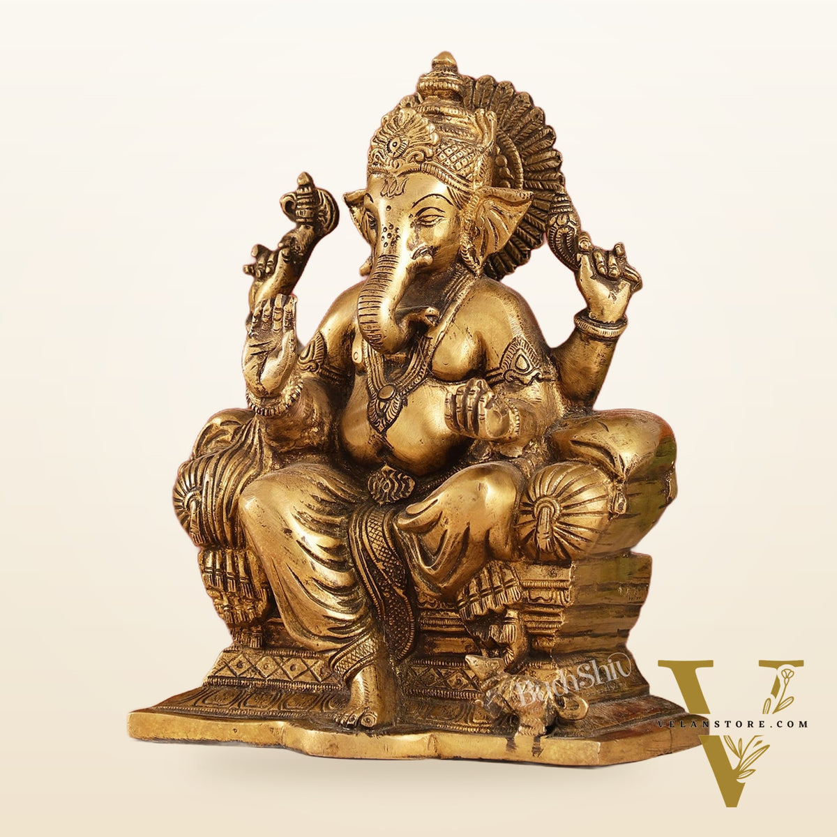 Ganesha on a sofa brass idol 10 inch antique finish