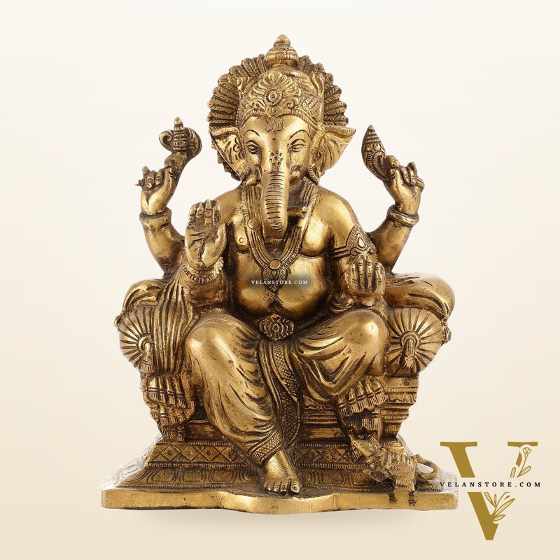 Ganesha on a sofa brass idol 10 inch antique finish