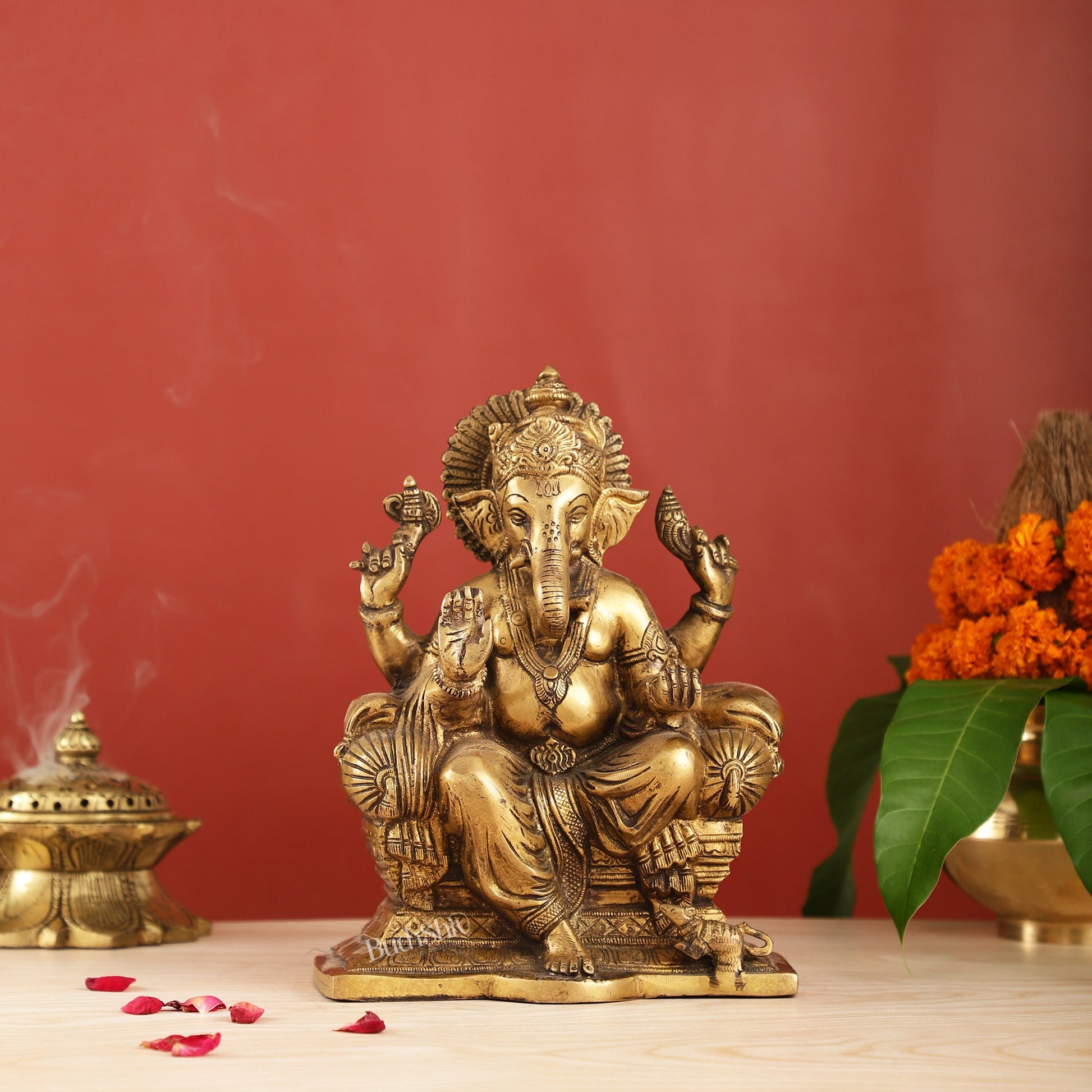 Ganesha on a sofa brass idol 10 inch antique finish