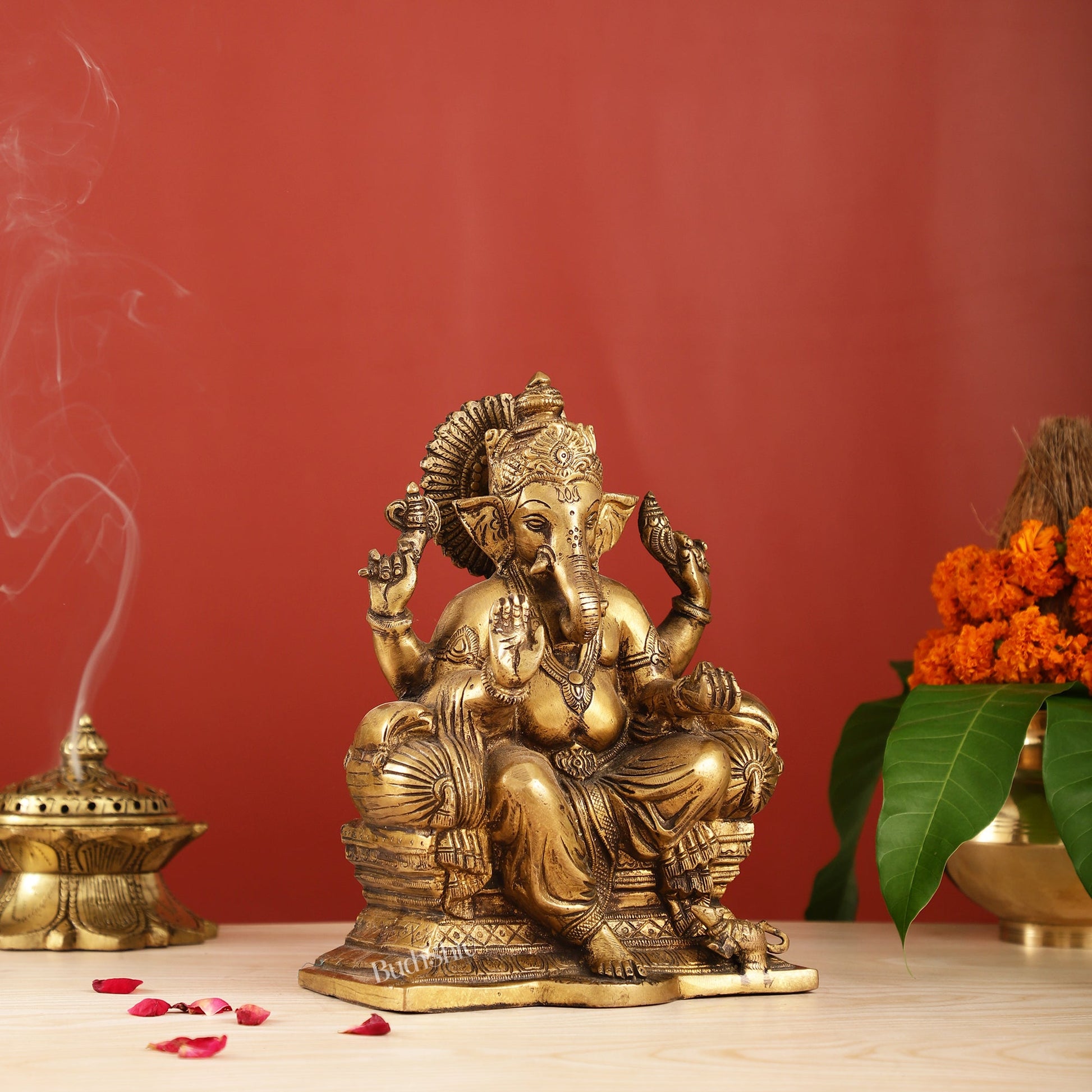 Ganesha on a sofa brass idol 10 inch antique finish