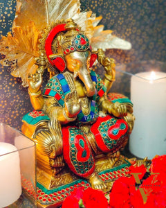 Ganesha on a sofa embossed brass idol | 10 inch