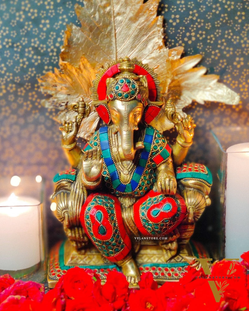 Ganesha on a sofa embossed brass idol | 10 inch