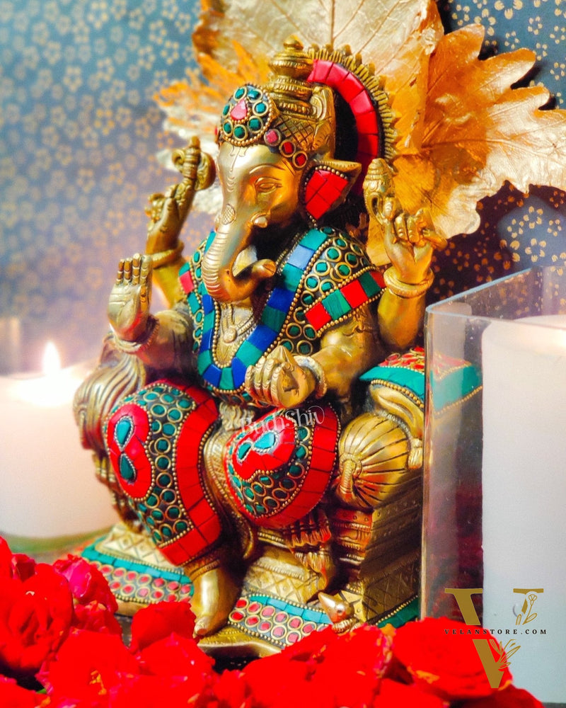 Ganesha on a sofa embossed brass idol | 10 inch