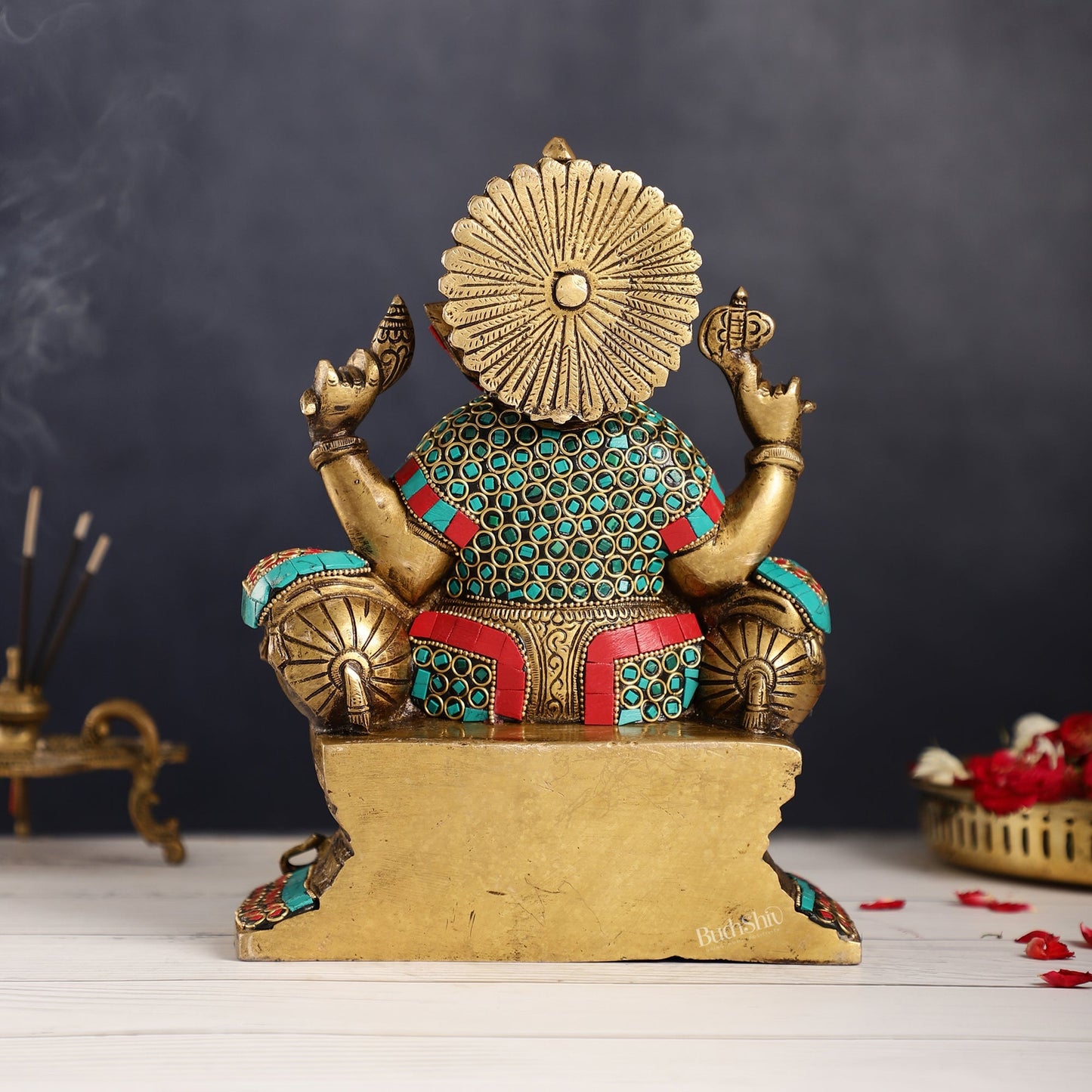 Ganesha on a sofa embossed brass idol 10 inch