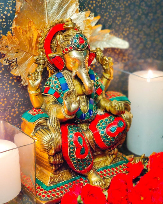 Ganesha on a sofa embossed brass idol | 10 inch