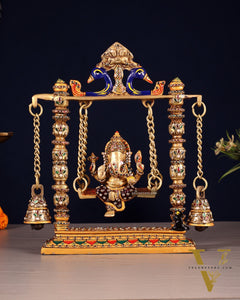 Ganesha on a swing pure brass laakh meenakari 10"