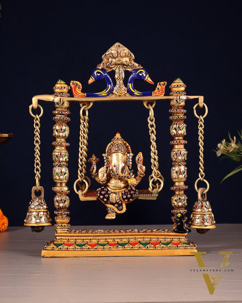 Ganesha on a swing pure brass laakh meenakari 10"