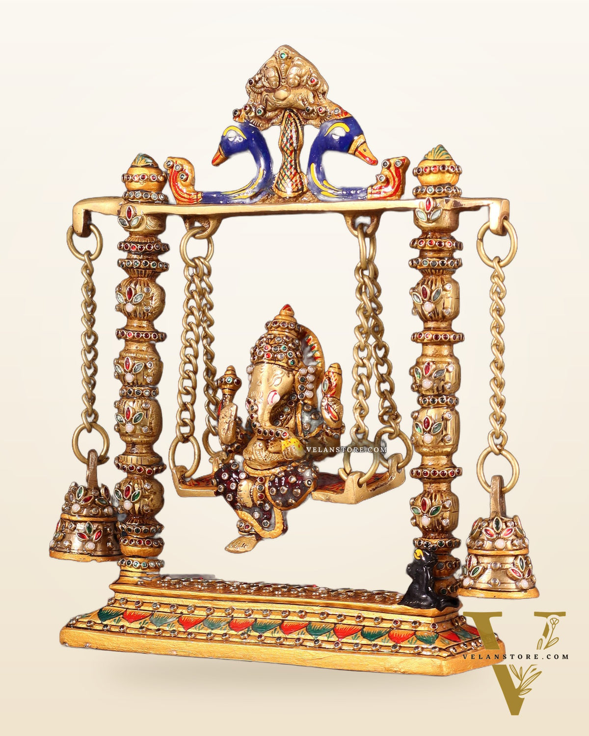 Ganesha on a swing pure brass laakh meenakari 10"