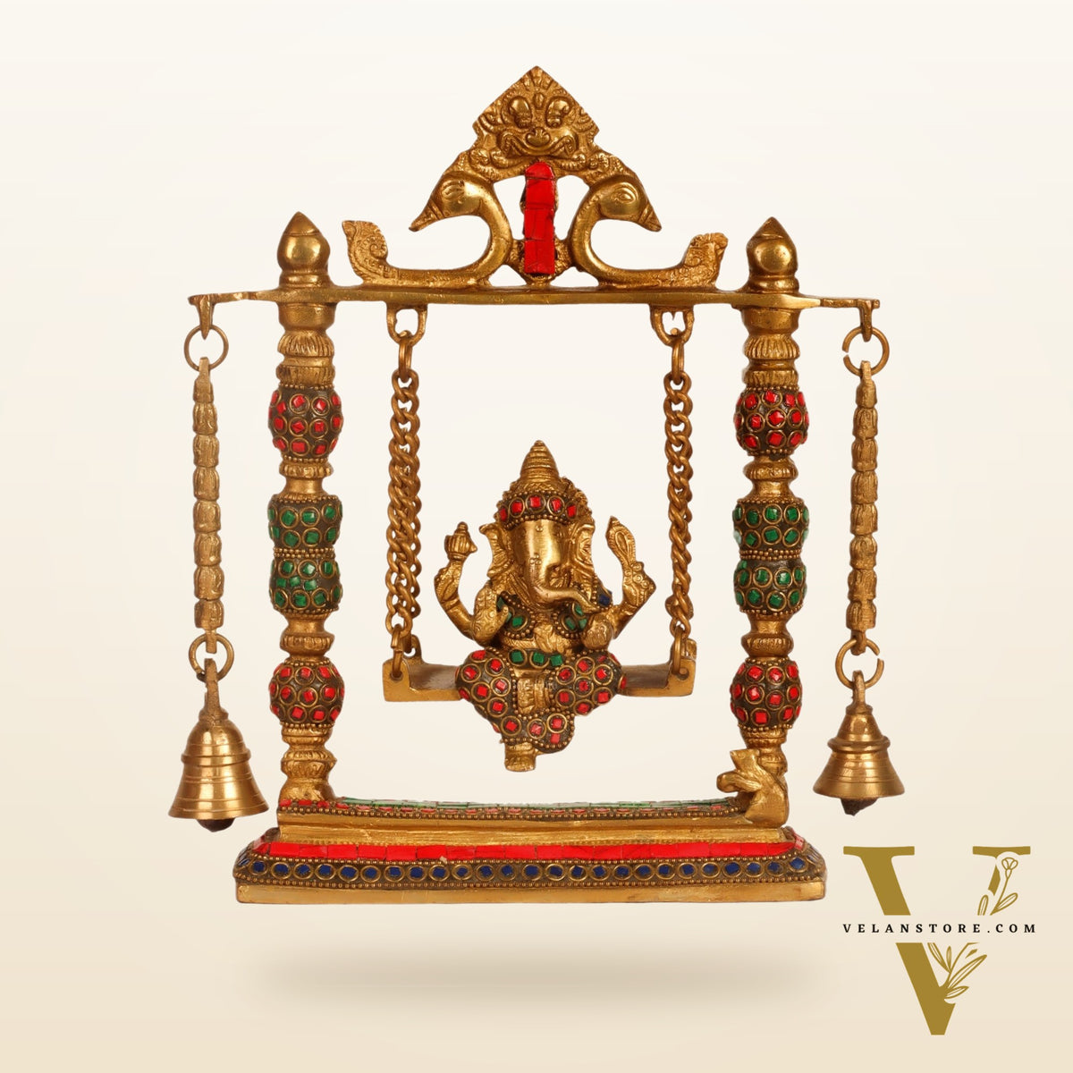 Ganesha on a swing pure brass with meenakari stonework