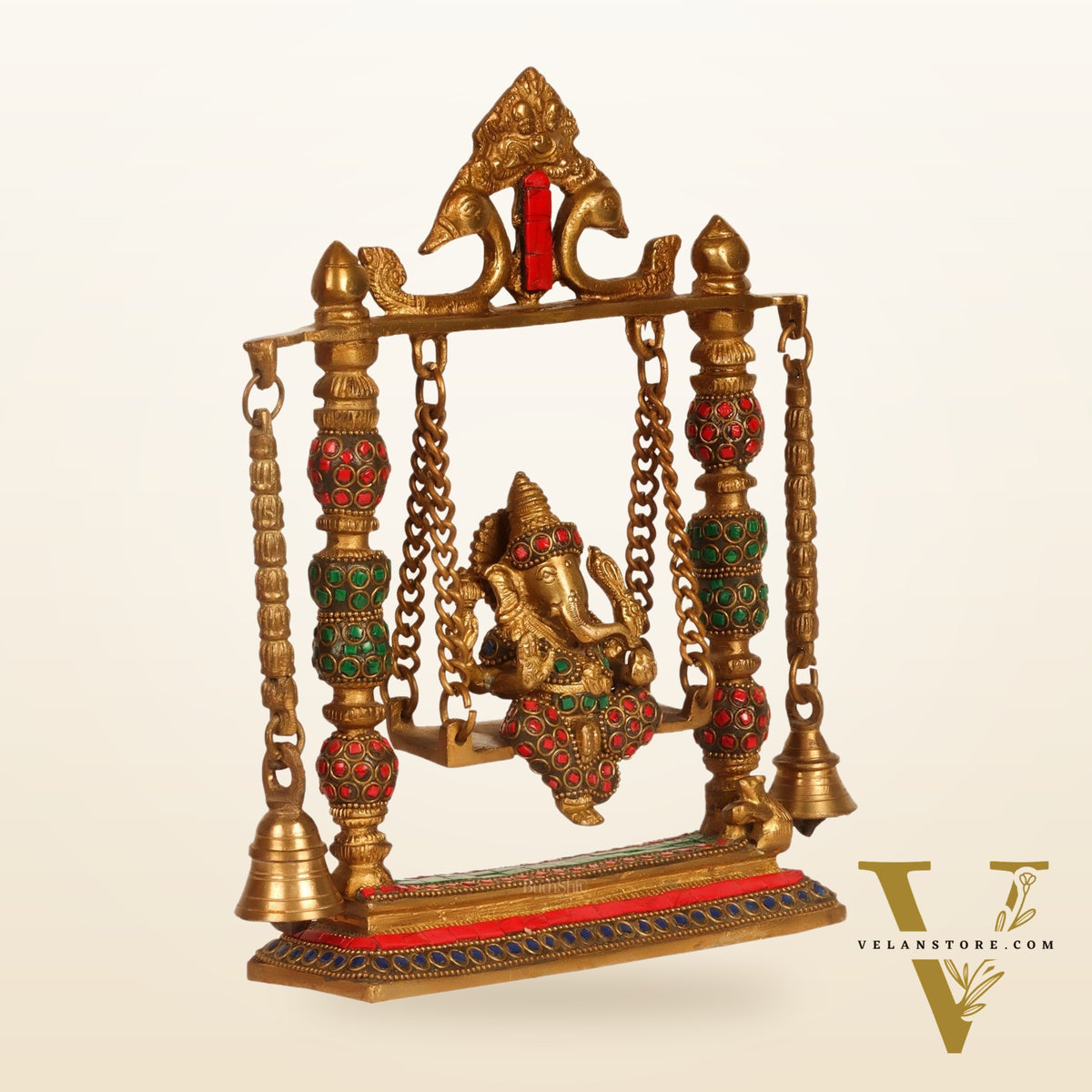 Ganesha on a swing pure brass with meenakari stonework