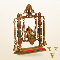 Ganesha on a swing pure brass with meenakari stonework