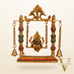 Ganesha on a swing pure brass with meenakari stonework