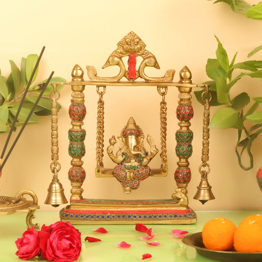 Ganesha on a swing pure brass with meenakari stonework