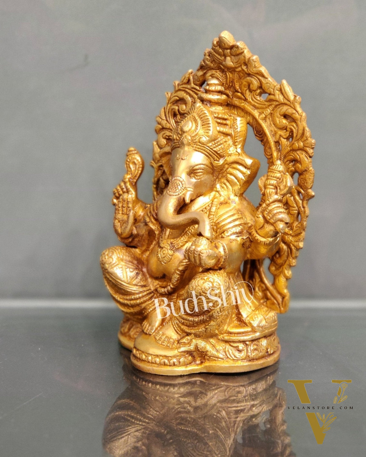 Ganesha on a throne brass idol 7 inch