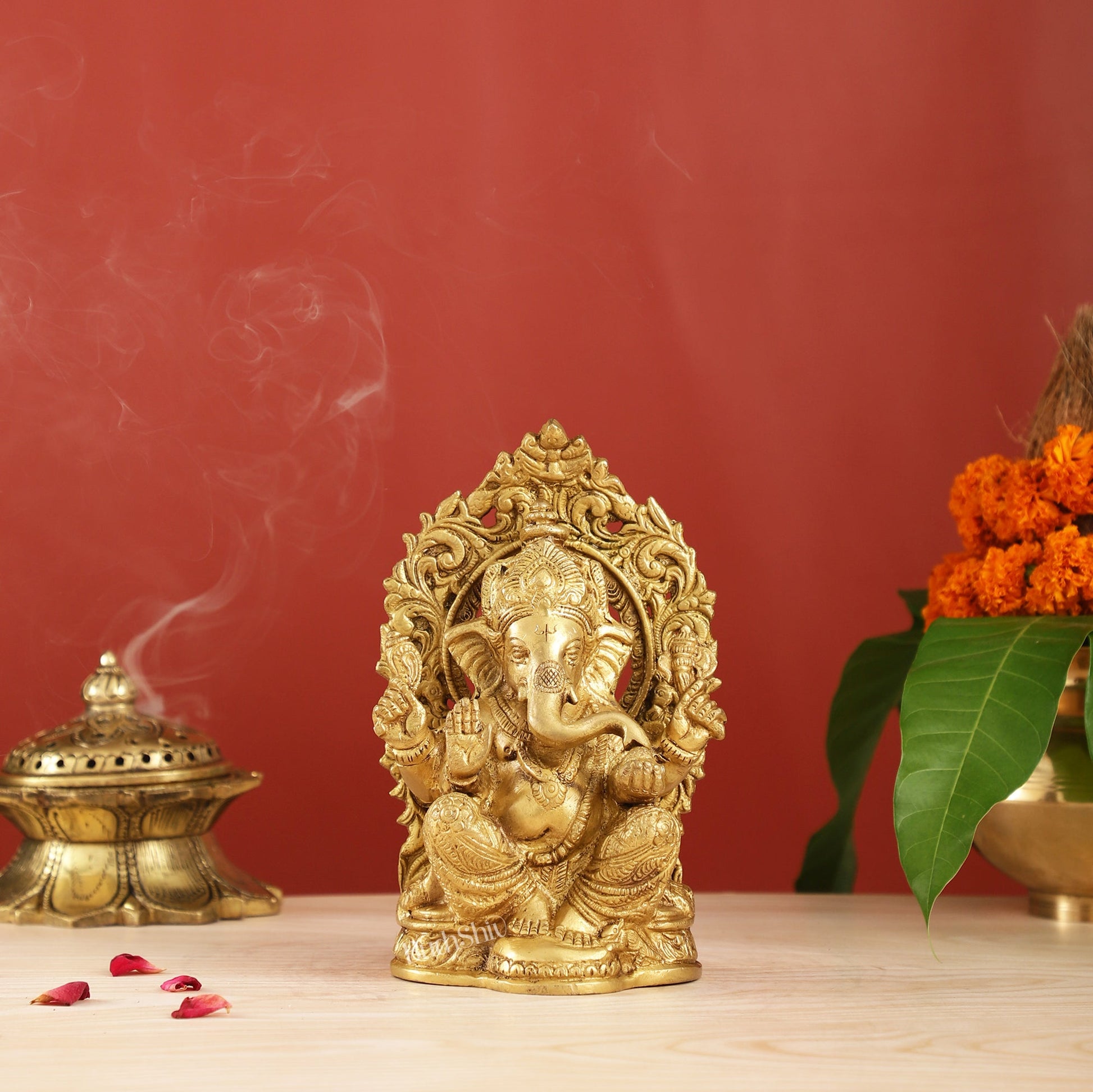 Ganesha on a throne brass idol 7 inch