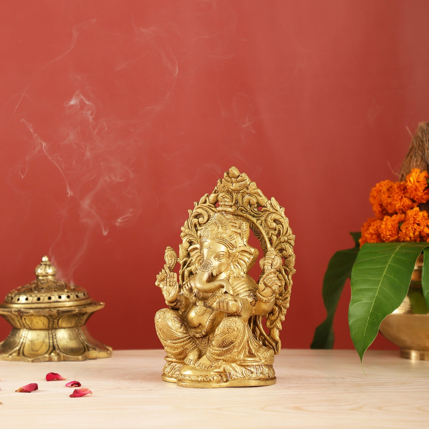 Ganesha on a throne brass idol 7 inch