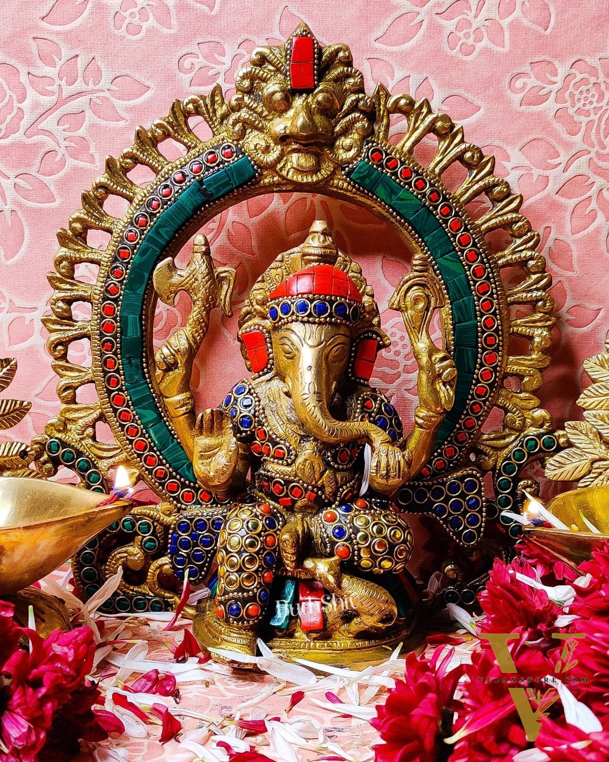 Ganesha on a throne with prabhavali embossed brass idol | suitable for office desk/study table/ temple