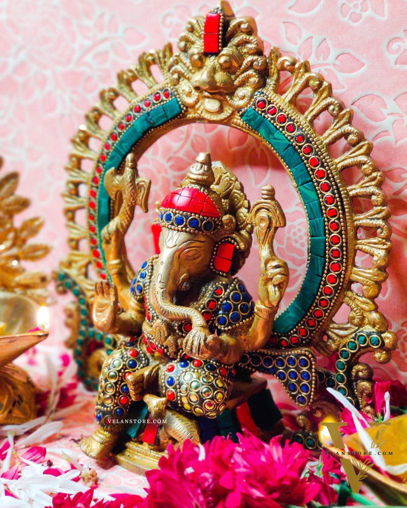Ganesha on a throne with prabhavali embossed brass idol | suitable for office desk/study table/ temple