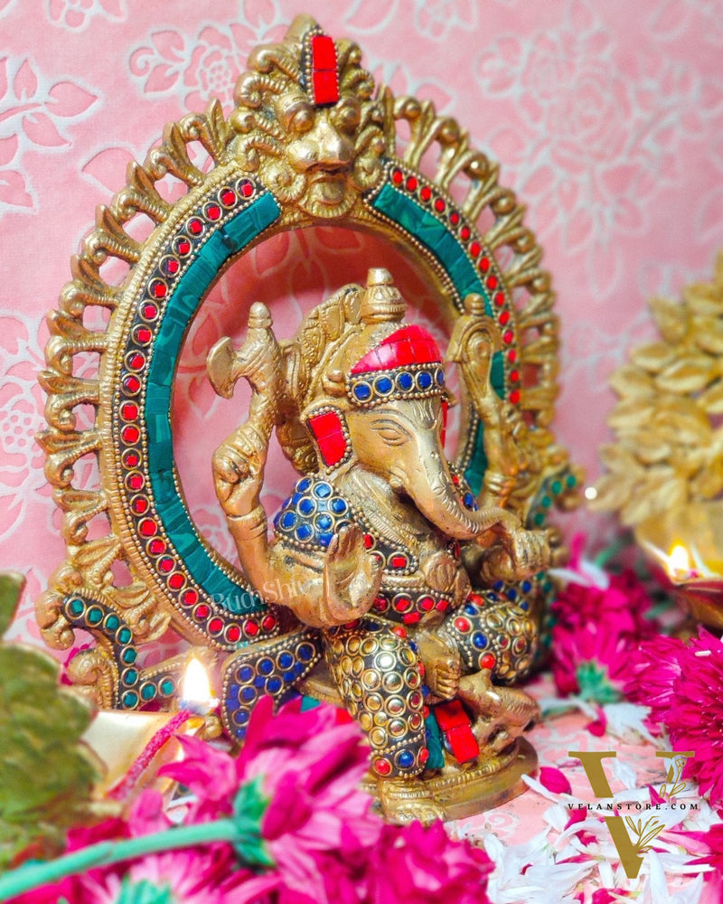 Ganesha on a throne with prabhavali embossed brass idol | suitable for office desk/study table/ temple