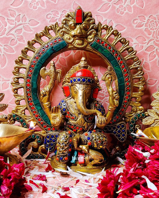 Ganesha on a throne with prabhavali embossed brass idol | suitable for office desk/study table/ temple