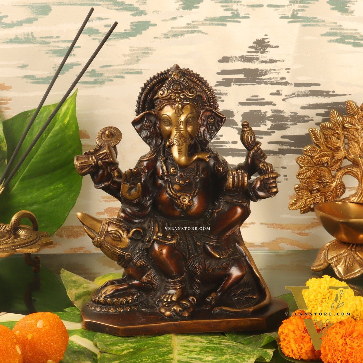 Ganesha on mooshak brass idol Chocolate finish 8"