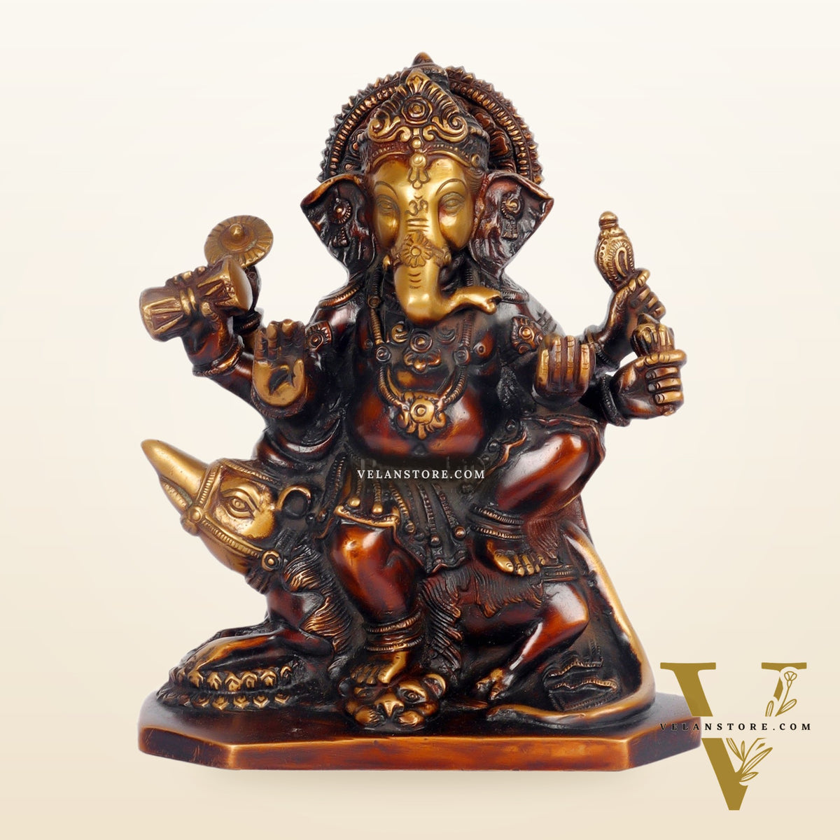 Ganesha on mooshak brass idol Chocolate finish 8"