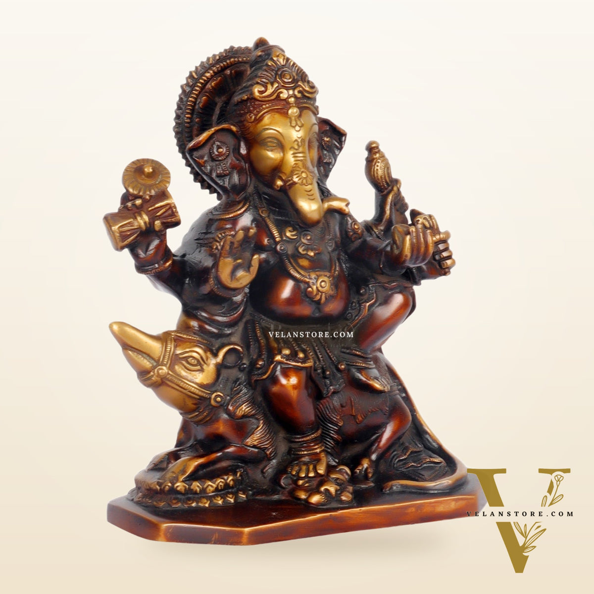Ganesha on mooshak brass idol Chocolate finish 8"
