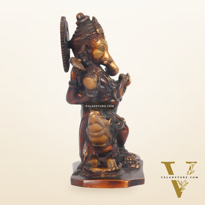 Ganesha on mooshak brass idol Chocolate finish 8"