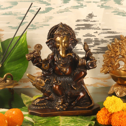 Ganesha on mooshak brass idol Chocolate finish 8"