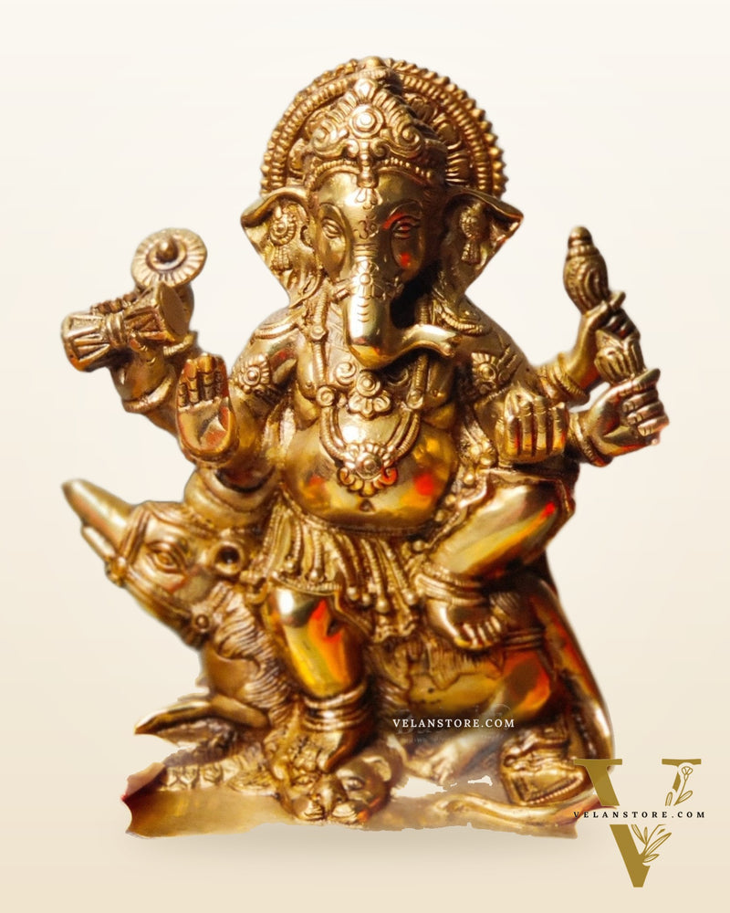 Ganesha on mooshak brass idol golden finish | suitable for office desk/study table/ temple
