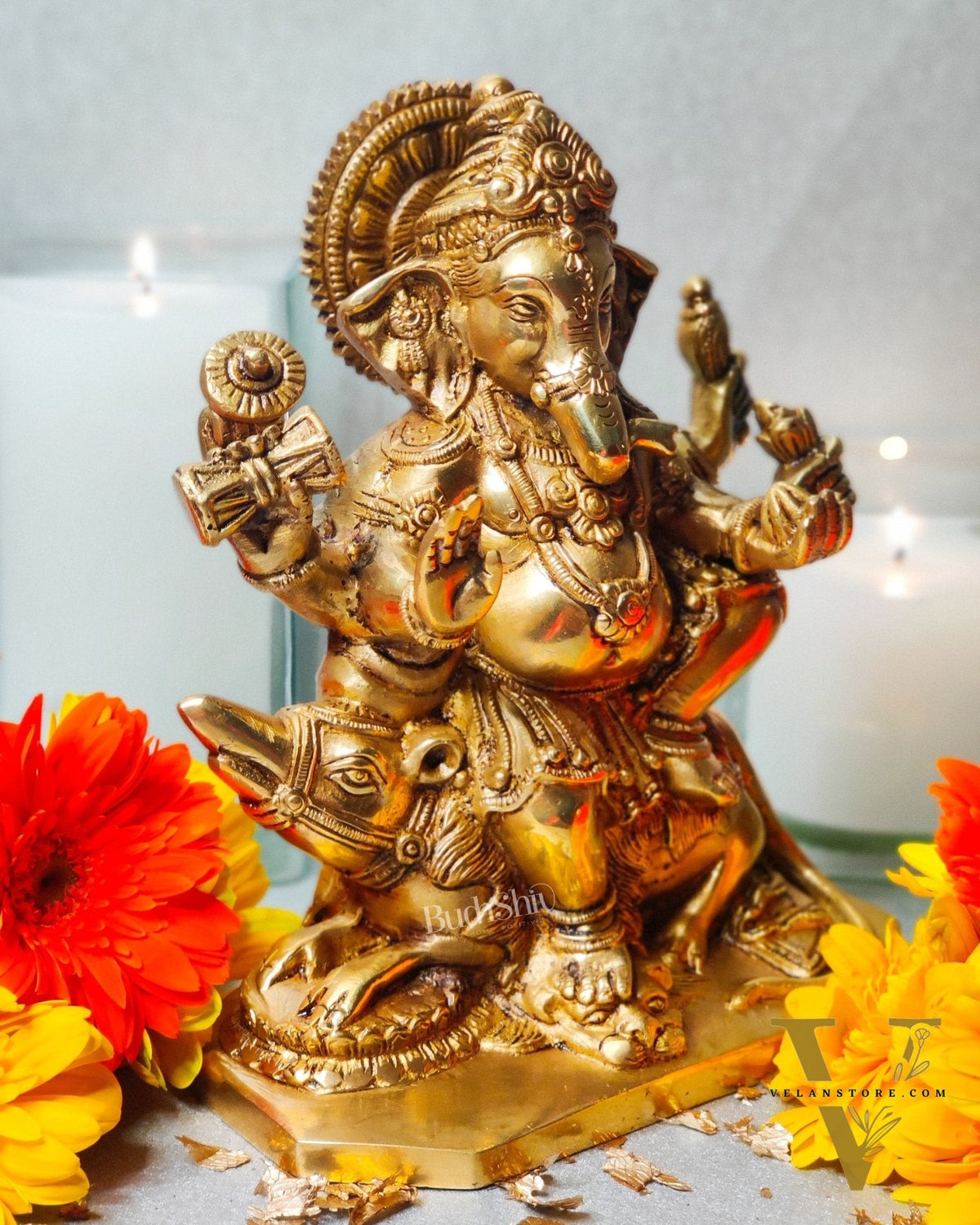 Ganesha on mooshak brass idol golden finish | suitable for office desk/study table/ temple