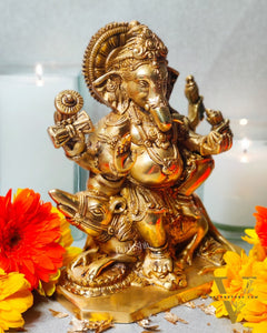 Ganesha on mooshak brass idol golden finish | suitable for office desk/study table/ temple