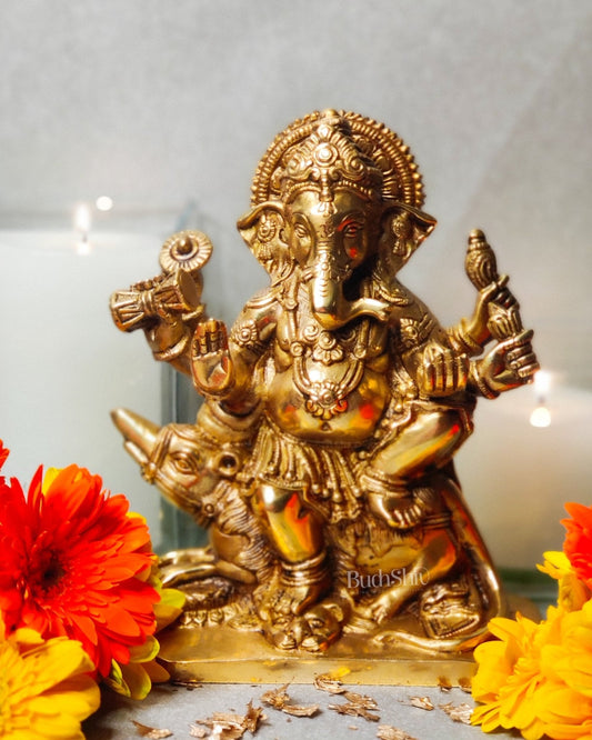 Ganesha on mooshak brass idol golden finish | suitable for office desk/study table/ temple