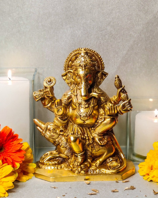 Ganesha on mooshak brass idol golden finish | suitable for office desk/study table/ temple
