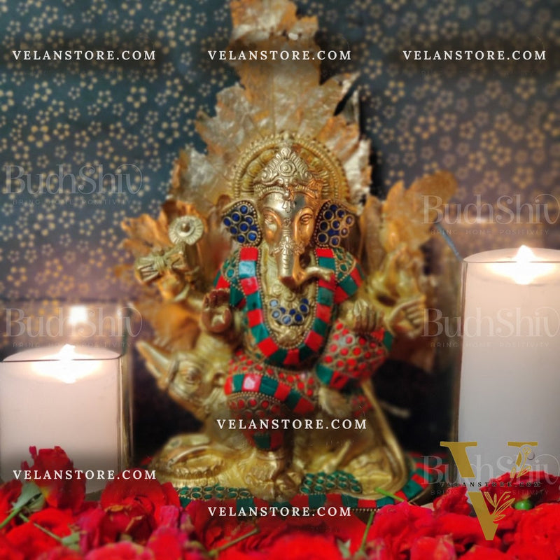 Ganesha on mooshak brass idol with meenakari stonework 8.5 inch