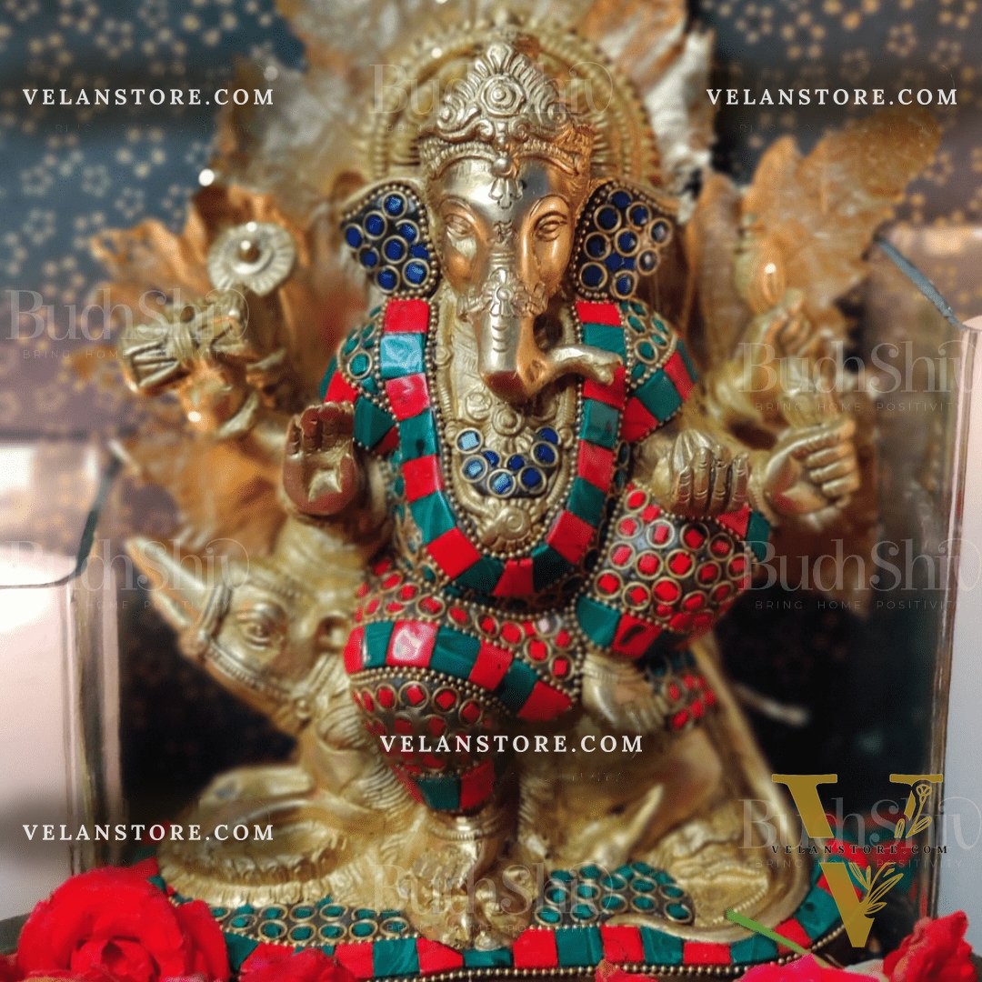 Ganesha on mooshak brass idol with meenakari stonework 8.5 inch