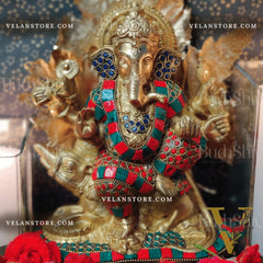 Ganesha on mooshak brass idol with meenakari stonework 8.5 inch