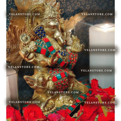 Ganesha on mooshak brass idol with meenakari stonework 8.5 inch