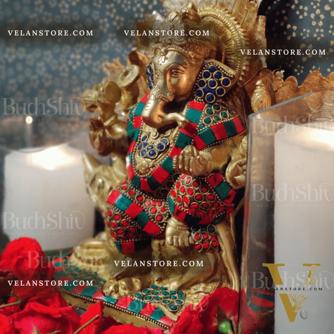 Ganesha on mooshak brass idol with meenakari stonework 8.5 inch