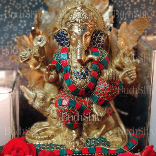 Ganesha on mooshak brass idol with meenakari stonework 8.5 inch