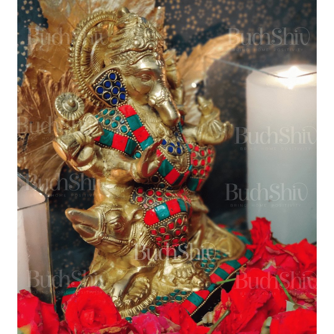 Ganesha on mooshak brass idol with meenakari stonework 8.5 inch