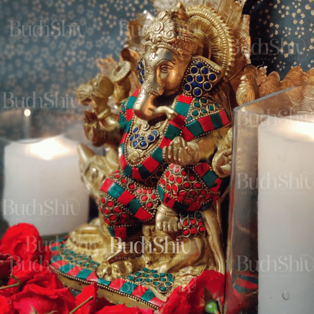 Ganesha on mooshak brass idol with meenakari stonework 8.5 inch