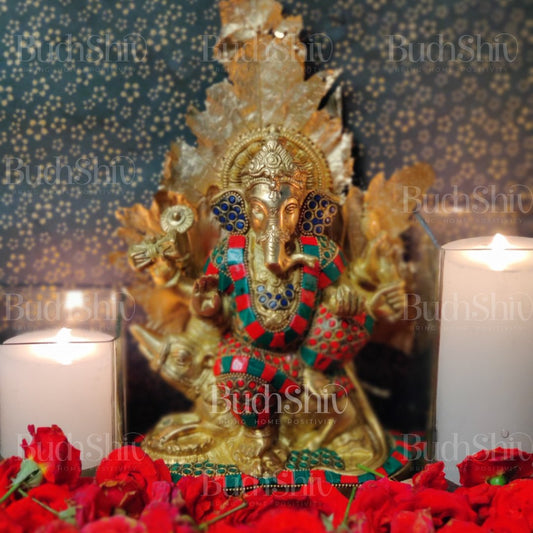 Ganesha on mooshak brass idol with meenakari stonework 8.5 inch