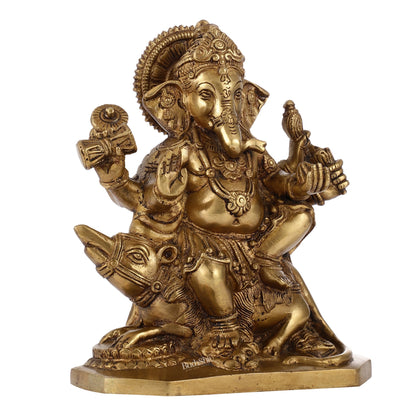 Ganesha on mouse brass idol golden finish 8 inch