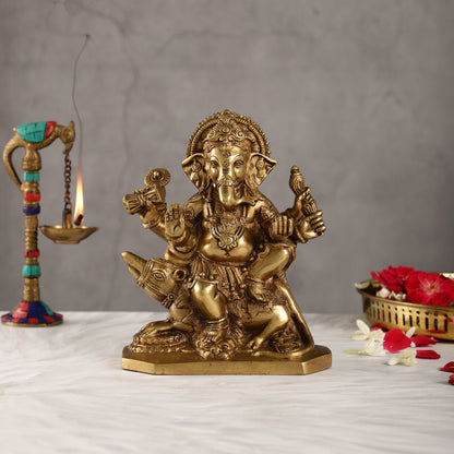 Ganesha on mouse brass idol golden finish 8 inch