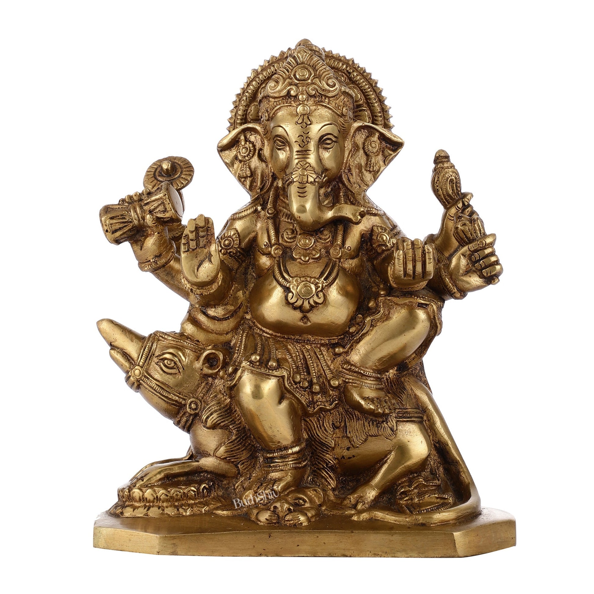 Ganesha on mouse brass idol golden finish 8 inch