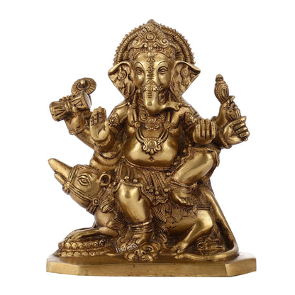 Ganesha on mouse brass idol golden finish 8 inch